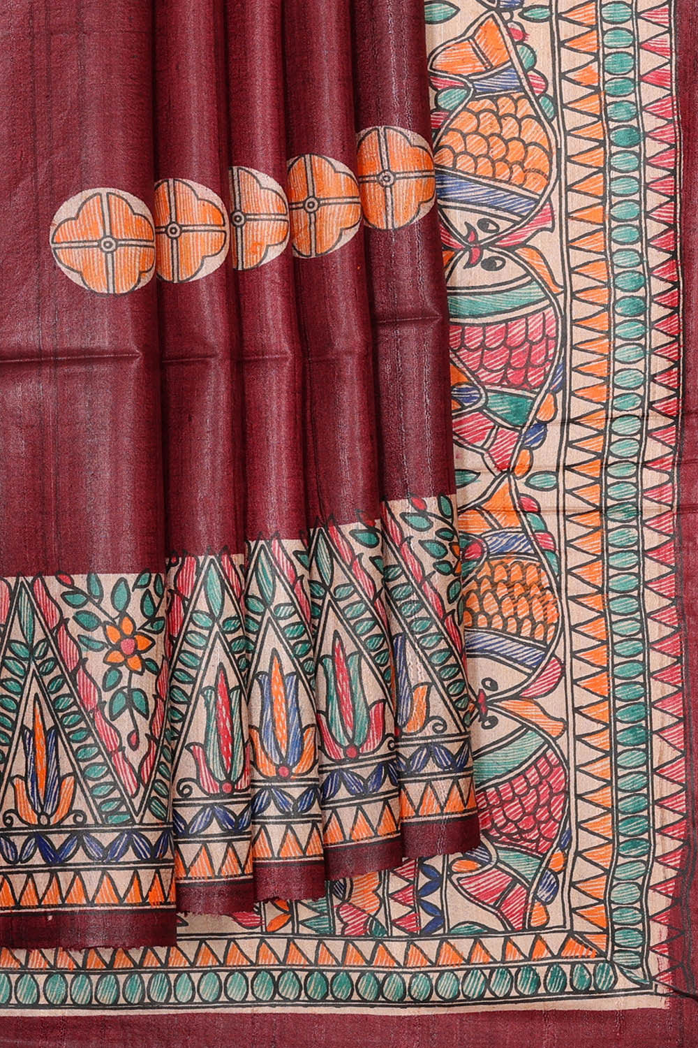 Image of Printed Tussar Silk Maroon Saree